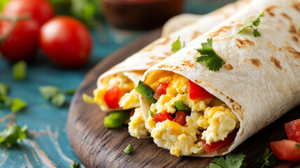 A hearty breakfast burrito filled with scrambled eggs, cheese, and vegetables