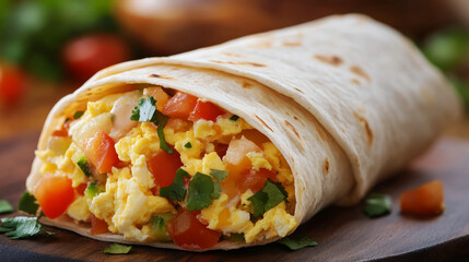 A hearty breakfast burrito filled with scrambled eggs, cheese, and vegetables