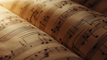 Naklejka premium Open sheet music book with detailed musical notes illuminated by warm light.