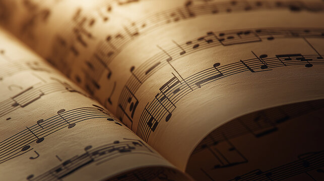 Open sheet music book with detailed musical notes illuminated by warm light.
