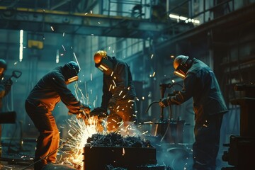 Industrial workers wearing protective gear are engaged in welding, with bright sparks flying around in a factory setting.
