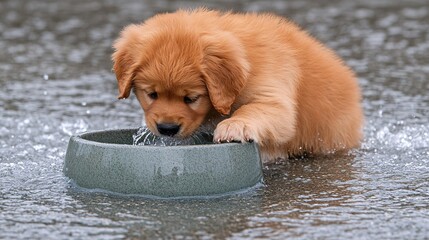 A lively puppy enjoying water from a clean bowl its playful demeanor evident in its expressive eyes...