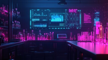 Obraz premium Medical research lab with glowing test tubes and digital charts
