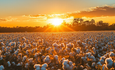 Obraz premium Field of cotton plants illuminated by a stunning sunset, capturing the golden light and the fluffy texture of the cotton bolls.