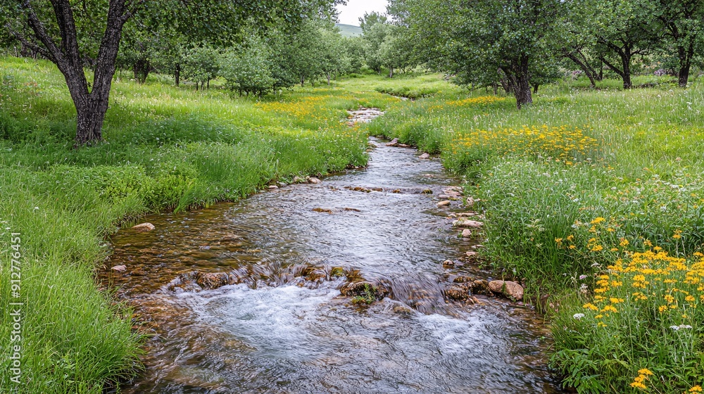 Poster a pristine stream flowing through a lush green forest with vibrant colors and clear water stock phot