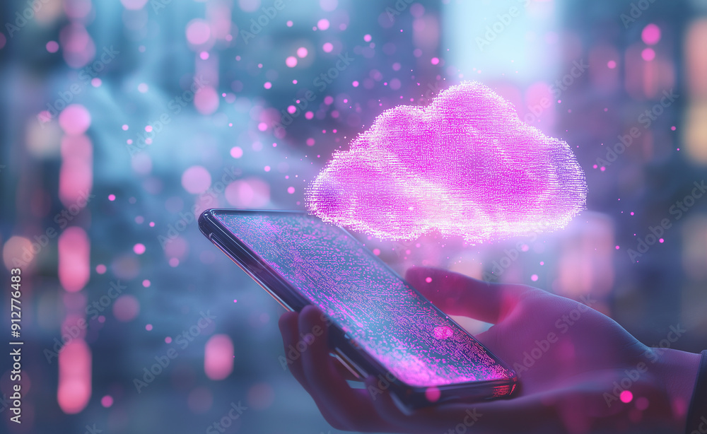 Poster a hand reaches towards a glowing pink cloud hovering above a smartphone, representing cloud computin