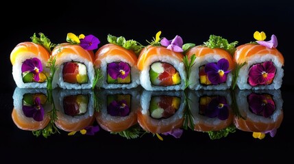 Salmon Sushi Rolls Decorated with Edible Flowers
