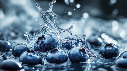 A dynamic shot of blueberries splashing into water, creating an invigorating and fresh visual.