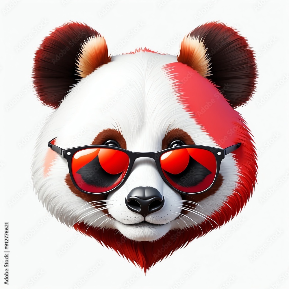 Poster red theme panda head cartoon with sunglasses 3d art logo design in plain white background