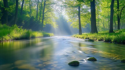 Fototapeta premium A beautiful clear stream surrounded by lush forest greenery with sunlight filtering through the trees Stock Photo with copy space