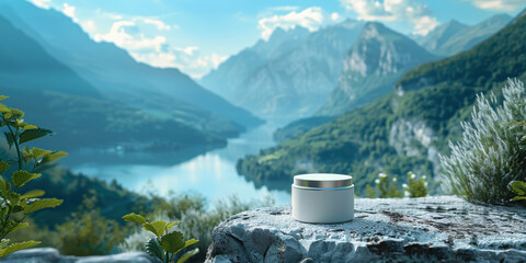 A cosmetic jar placed on a rock with a stunning mountain lake backdrop under a clear sky, highlighting natural beauty.