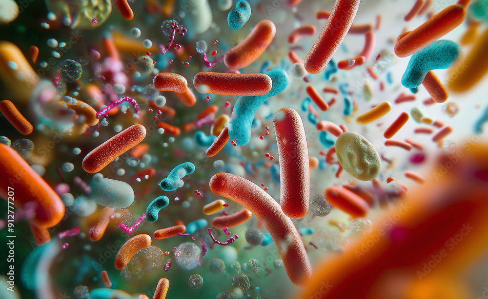 Poster a microscopic view of colorful bacteria and microbes, highlighting the complexity and diversity of m