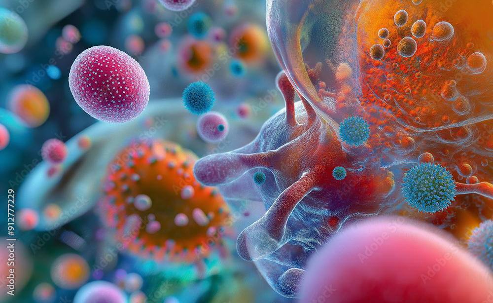 Poster a microscopic view of colorful bacteria and microbes, highlighting the complexity and diversity of m