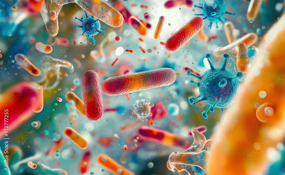 Poster a microscopic view of colorful bacteria and microbes, highlighting the complexity and diversity of m
