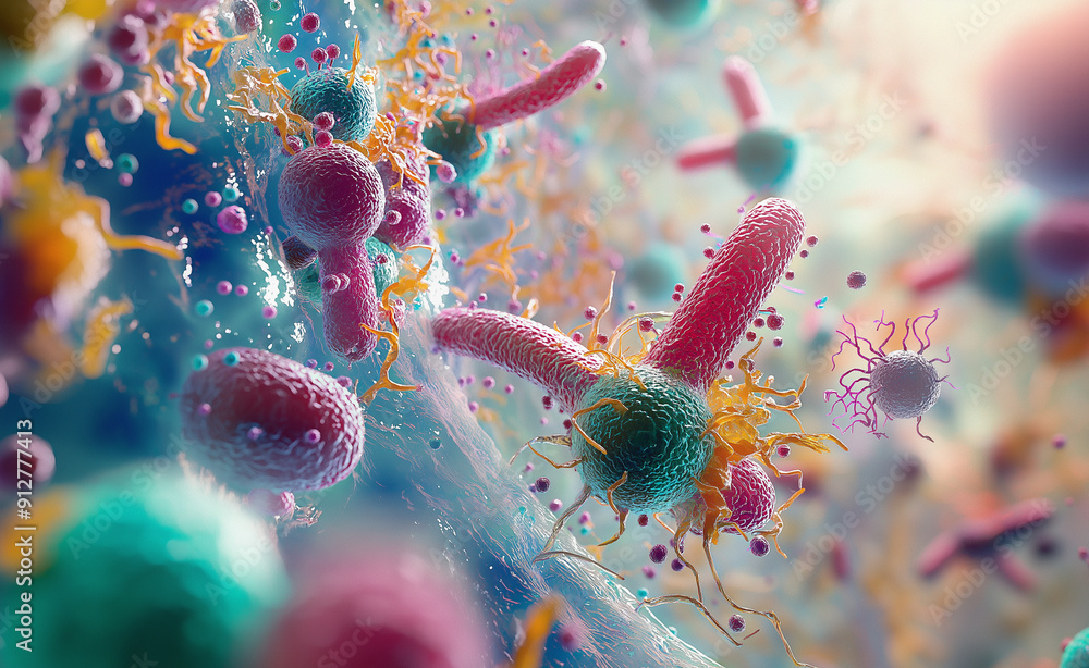 Aufkleber a microscopic view of colorful bacteria and microbes, highlighting the complexity and diversity of m