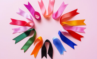 Obraz premium A circle of colorful awareness ribbons arranged on a light pink background, representing various causes and support initiatives.