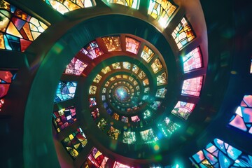 A mesmerizing spiral staircase made of vibrant stained glass, catching the light in a kaleidoscope of colors, spirals infinitely upward.