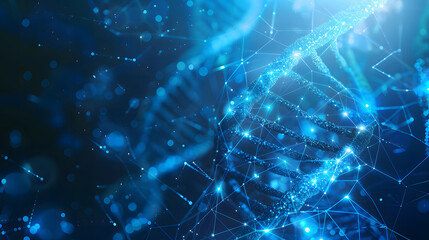A high-tech representation of a DNA double helix entwined with glowing nodes and interconnected lines against a blue background. This abstract, futuristic image conveys themes of biotechnology,