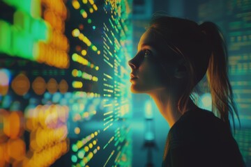Naklejka premium A young woman gazes at a vibrant digital display, embodying the harmony between technological advancement and human curiosity.