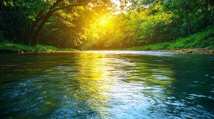 A lush forest scene featuring a pristine stream with sparkling water and rich green vegetation Stock Photo with copy space
