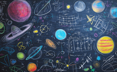 A chalkboard filled with intricate chalk drawings and calculations, including geometric shapes and scientific diagrams, reflecting mathematics and physics concepts.