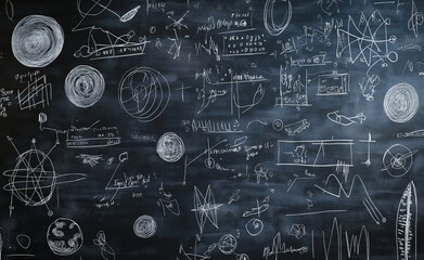 A chalkboard filled with intricate chalk drawings and calculations, including geometric shapes and scientific diagrams, reflecting mathematics and physics concepts.
