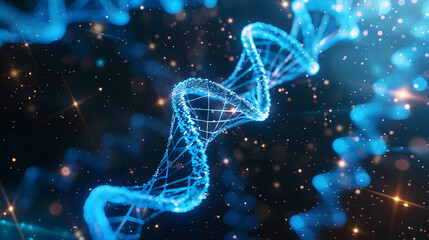 A high-tech representation of a DNA double helix entwined with glowing nodes and interconnected lines against a blue background. This abstract, futuristic image conveys themes of biotechnology,