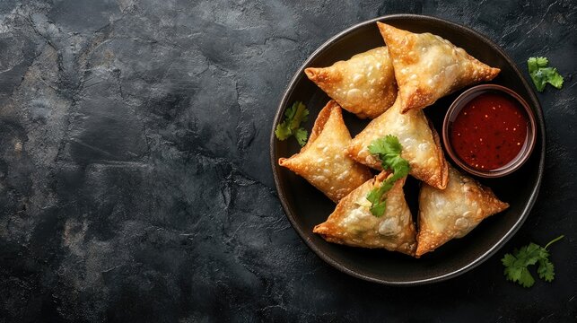Crispy Fried Samosas with Cilantro and Spicy Dip on Black Surface