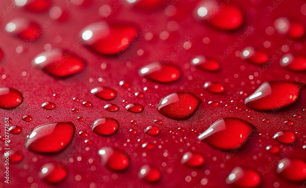 Poster shiny red water droplets rest on a smooth surface, creating a captivating pattern and texture.