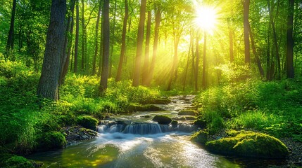 A clear water stream meandering through a vibrant green forest with lush foliage and sunlight dappling the water Stock Photo with copy space