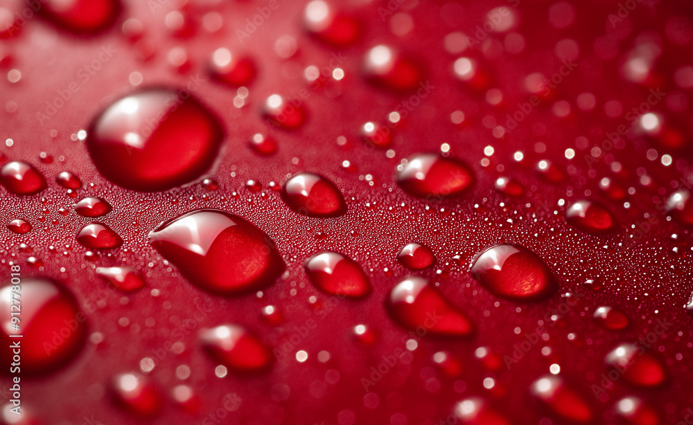 Poster shiny red water droplets rest on a smooth surface, creating a captivating pattern and texture.