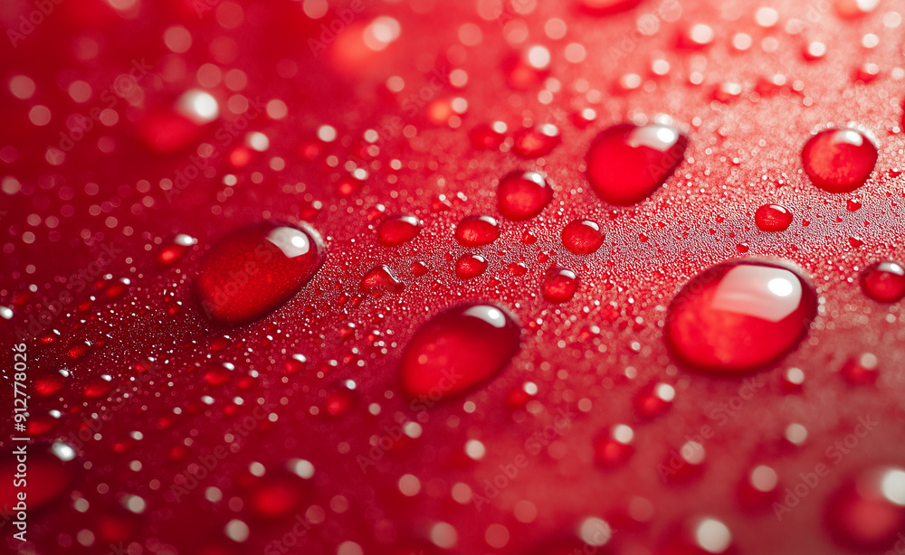 Poster shiny red water droplets rest on a smooth surface, creating a captivating pattern and texture.