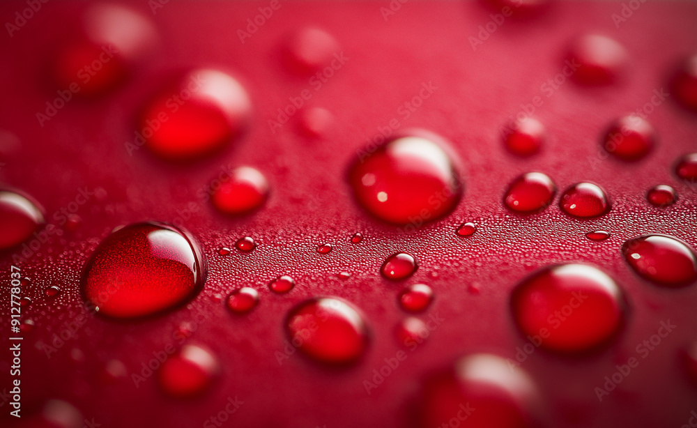 Poster shiny red water droplets rest on a smooth surface, creating a captivating pattern and texture.