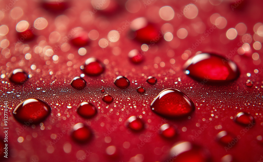 Poster shiny red water droplets rest on a smooth surface, creating a captivating pattern and texture.
