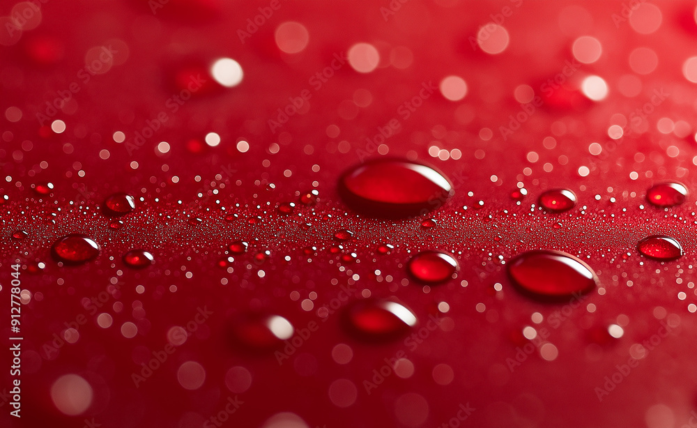 Poster shiny red water droplets rest on a smooth surface, creating a captivating pattern and texture.