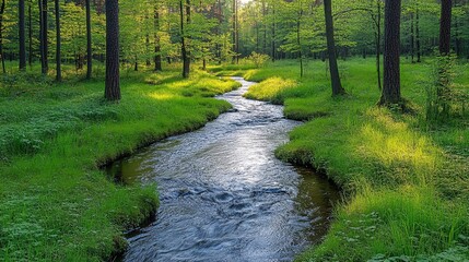 A serene stream flowing through a dense forest with clear water reflecting the lush green surroundings Stock Photo with copy space