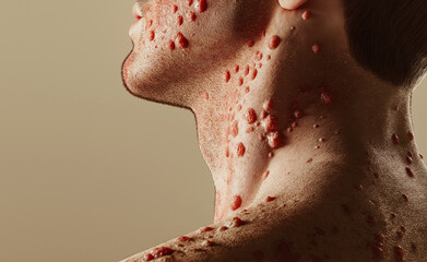 Fototapeta premium A close-up of a neck covered with a rash of red pimples and white pustules, illustrating skin irritation and dermatological issues.