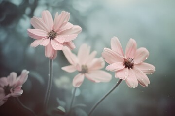 Fototapeta premium Delicate pink flowers softly glisten with dewdrops, set against a dreamy, blurred background, evoking a sense of freshness and tranquility.