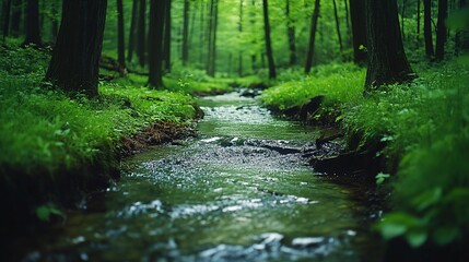 Fototapeta premium A beautiful forest stream with crystal-clear water surrounded by dense green foliage Stock Photo with copy space