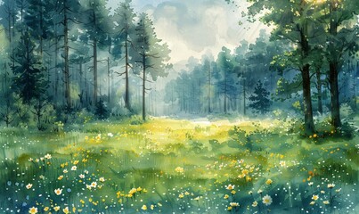 A tranquil forest scene in watercolor with soft greens and earthy tones
