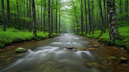 Obraz premium A serene forest setting with a pristine stream of clear water flowing through rich greenery Stock Photo with copy space