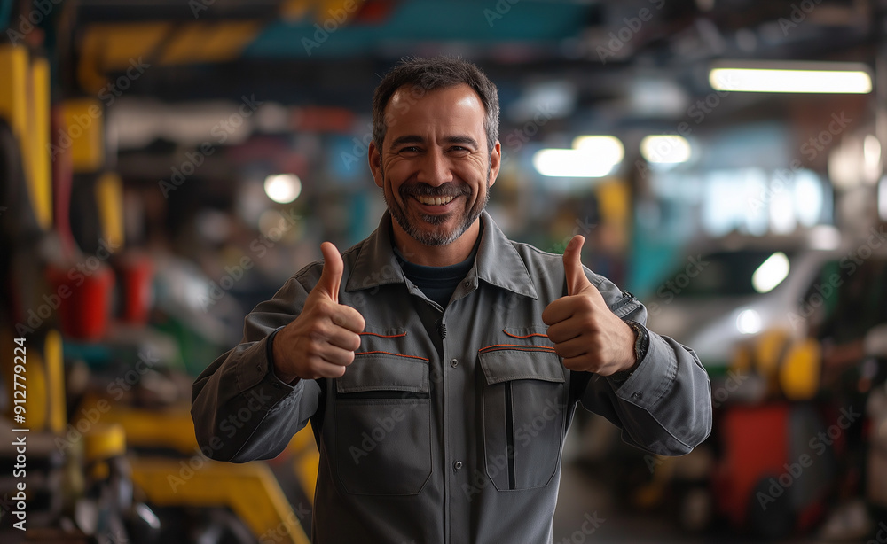 Poster a smiling mechanic in a gray uniform giving thumbs up, surrounded by tools in a busy workshop enviro
