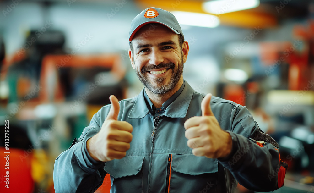 Poster a smiling mechanic in a gray uniform giving thumbs up, surrounded by tools in a busy workshop enviro