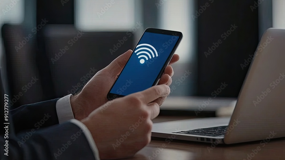 Poster a hand reaches for a smartphone to access wifi while seated at a desk with a laptop in a cozy worksp
