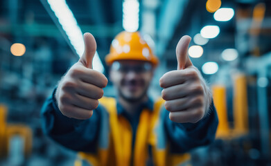 A factory worker wearing a yellow hard hat and safety vest, giving two thumbs up in a brightly lit industrial setting.