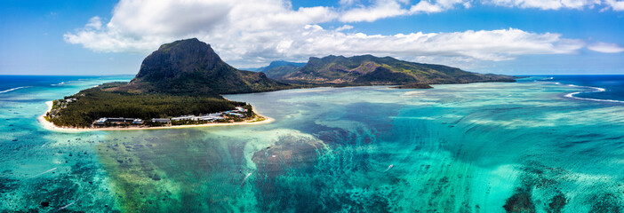 Aerial view of Mauritius island panorama and famous Le Morne Brabant mountain, beautiful blue...