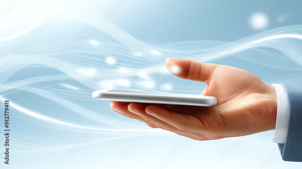 Poster a person interacts with a tablet displaying wifi signals in a contemporary office environment