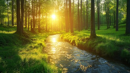Fototapeta premium A picturesque forest stream with crystal-clear water and lush green surroundings bathed in sunlight Stock Photo with copy space