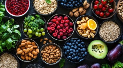 Assortment of Healthy Foods in Bowls on Black Table