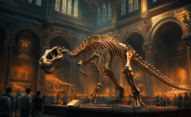 A large dinosaur skeleton displayed in a grand museum hall, emphasizing history, science, and...